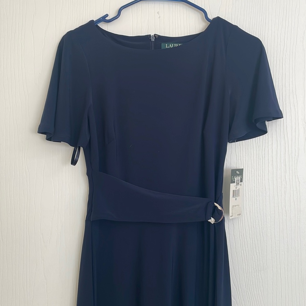 NWT Ralph Lauren navy blue midi dress with waist tie